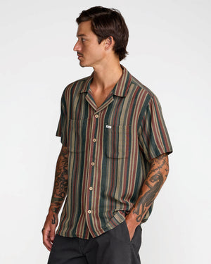 RVCA Men's Exotica Stripe Short Sleeve Shirt, Sage Leaf, M