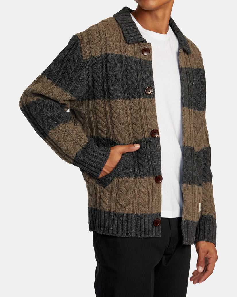 Chefs Kiss Cardigan - Camel/Charcoal Heather Stripe