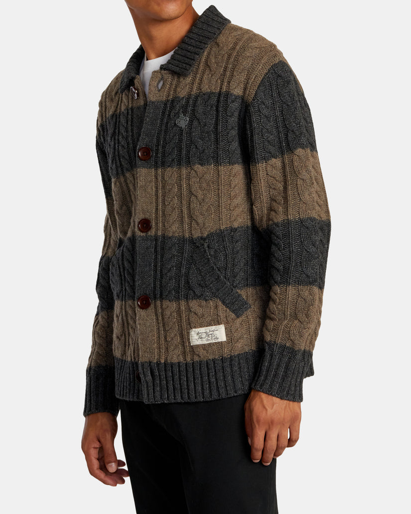 Chefs Kiss Cardigan - Camel/Charcoal Heather Stripe