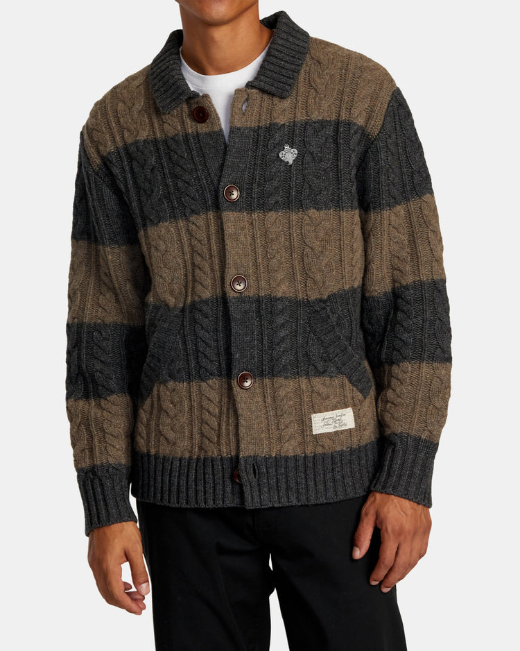 Chefs Kiss Cardigan - Camel/Charcoal Heather Stripe